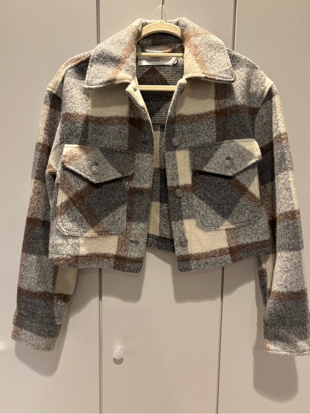 Bershka Cropped Teddy Plaid Jacket in Gray, Brown & Cream